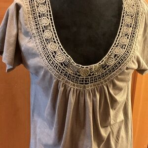 SUMMER CLEARANCE $10. Nina Capri Taupe Crochet Accent Blouse